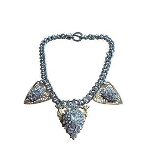 Silvertone Goldtone Statement Necklace Rhinestone Cluster Triangles Chunky Chain